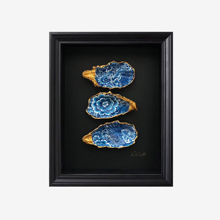 Blue Trio Zwart 23x28cm - Ingelijste oesters- plexiglas schilderij - kunst