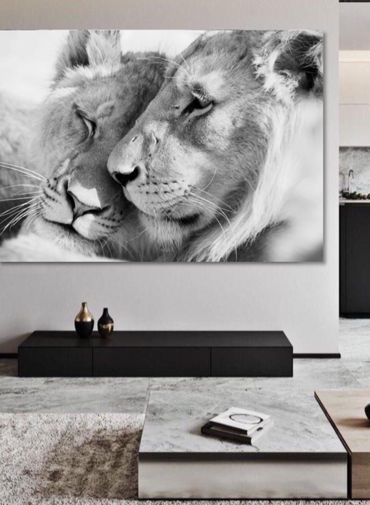 Lion couple - Zwart wit schilderij- plexiglas schilderij - kunst